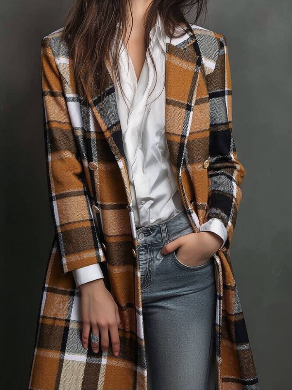 Women's Versatile Solid Color Double-Breasted Coat, Autumn/Winter